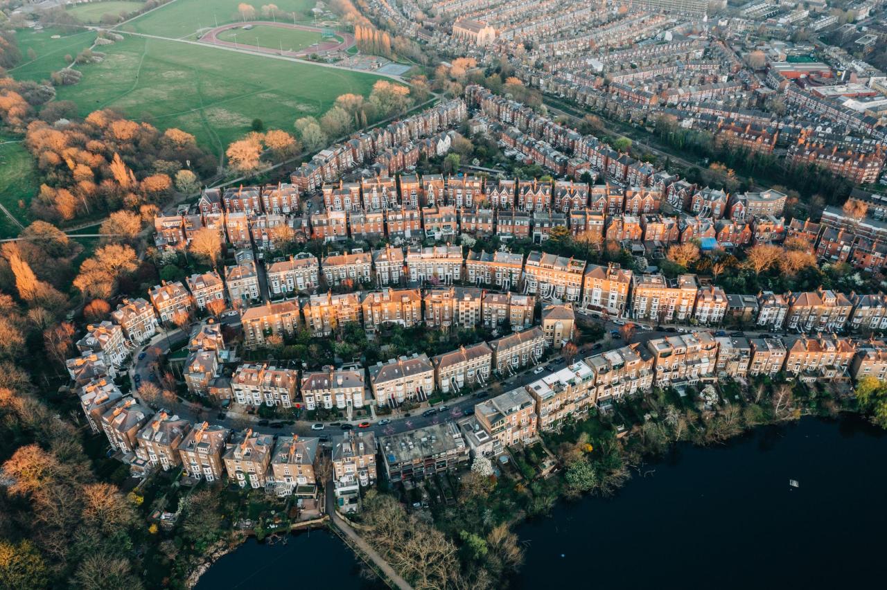 an aerial view of london houses at sunset, hampstead