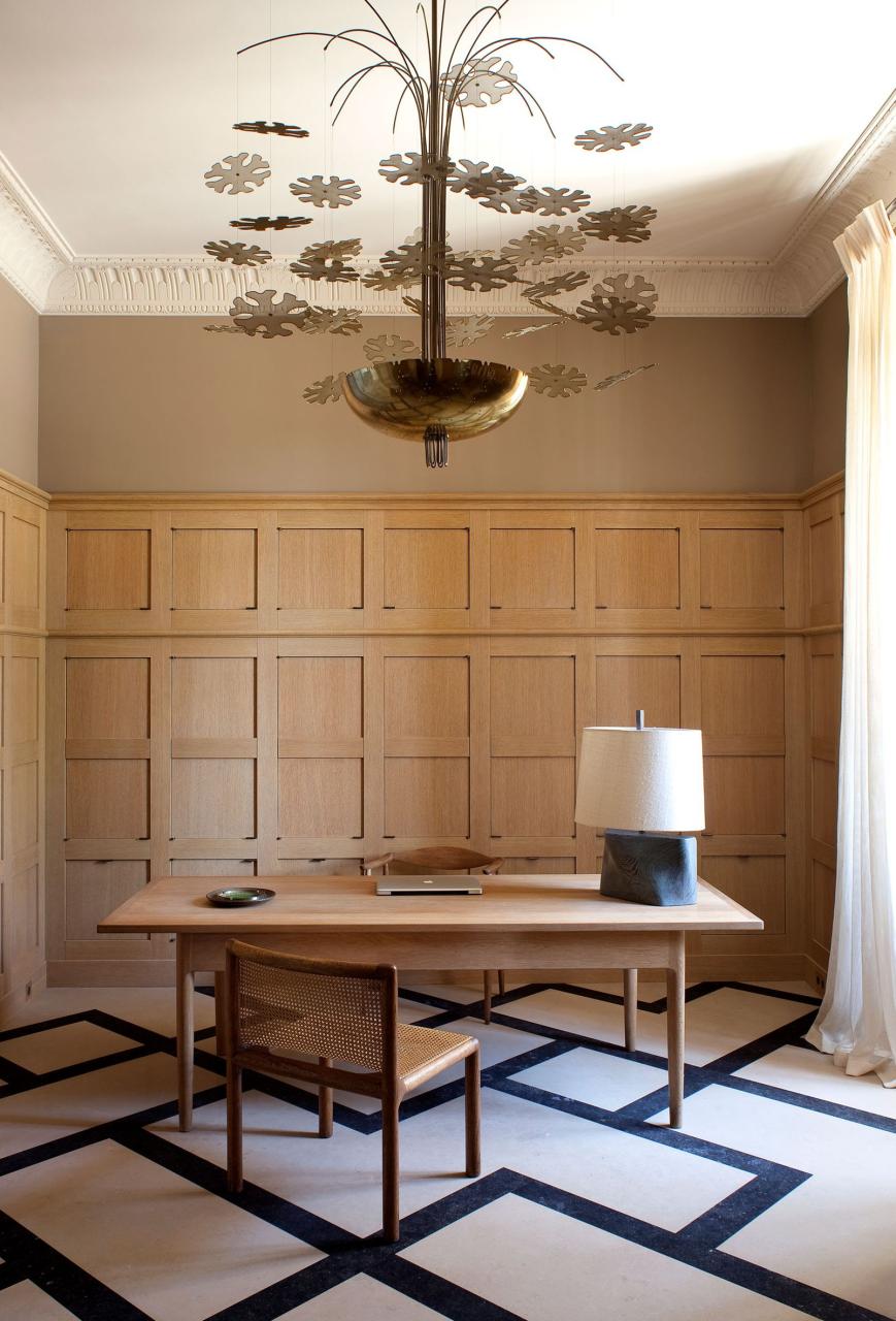 paneled office with a wood desk table and chair