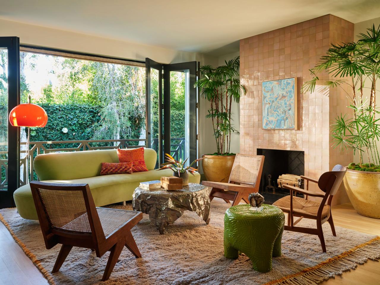 a living room with a fireplace